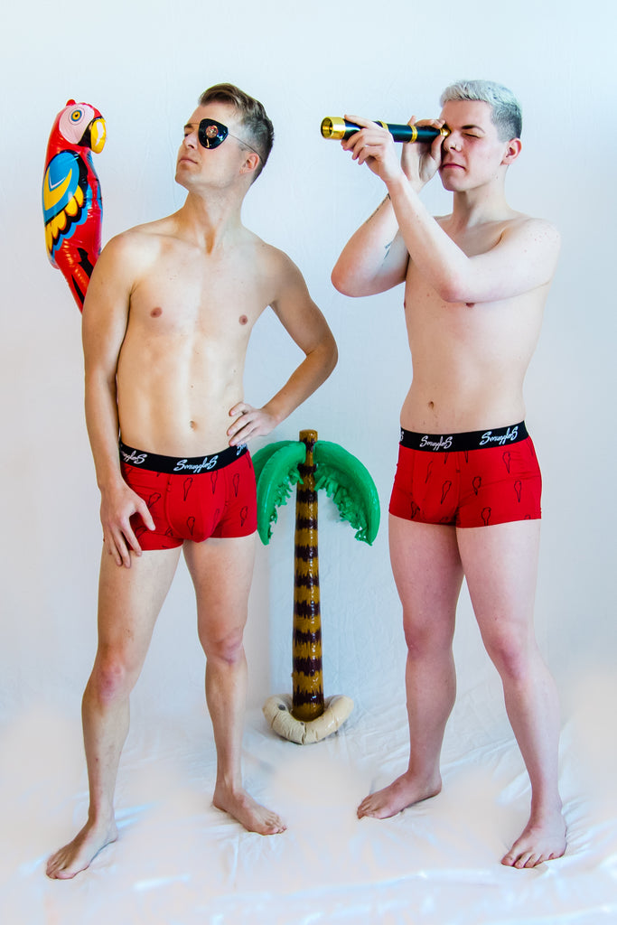 Two Pirates wearing Smugglers Underwear searching for booty through a spy glass!